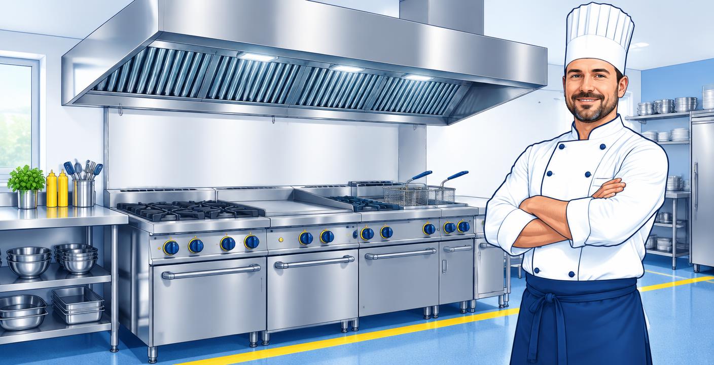 Chef beside a safe commercial kitchen extraction canopy